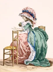 女性は、「Galeries des Modes et Costumes Francais」c.1778-87 99：clothing;からBacquoyのプレート203が刻まれた椅子に寄りかかって座っています。伝統的なドレス;伝統的な衣装;ファッション